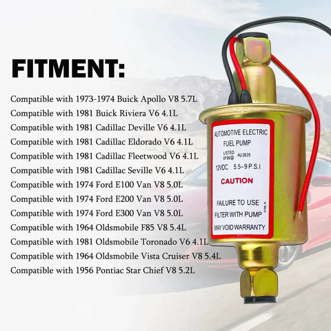 Electric Fuel Pump 5-9 PSI 12V DC 30 GPH For Gasoline And Diesel Carburetor Engines Universal Fit, shown with fitment list