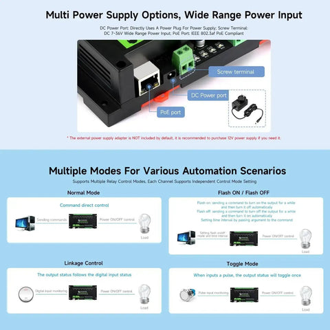 8 Channel Ethernet Relay Module With Digital Input And Modbus RTU TCP Support, PoE power options and automation modes