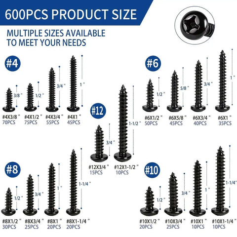 600 Piece Stainless Steel Wood And Sheet Metal Screws Set With 18 Sizes Self Tapping Phillips Pan Head Coarse Thread Chart