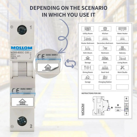 1 Pole 110-240V 6A Miniature Circuit Breaker, Thermal Magnetic Trip, detailed schematic and installation guide displayed