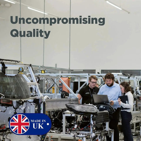 Engineers in UK factory discussing product quality, with 'Uncompromising Quality' text and UK flag badge visible.