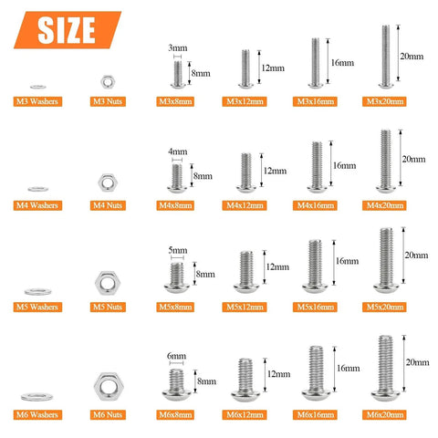 Size chart for Premium 810 Piece Stainless Steel Socket Cap Screw Kit in M3, M4, M5, M6 with nuts and washers by HELIFOUNER.