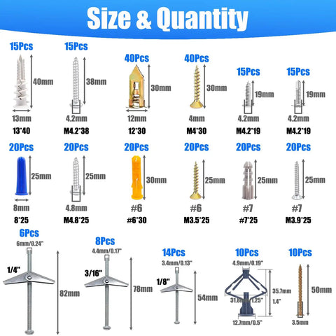 Various sizes of metal and plastic wall anchors from the 336 Piece Toggle Bolts Heavy Duty Drywall Anchors And Screws Assortment Kit
