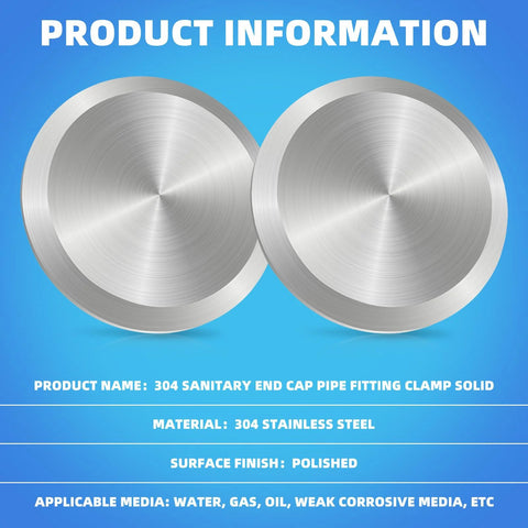 Two 2-inch sanitary tri-clamp end caps, 304 stainless steel, polished finish.