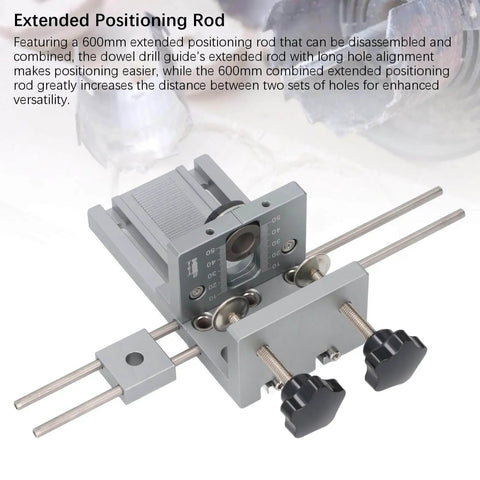 Close-up of Pro DIY Dowel Jig Kit For Woodworking 3 In 1 Panel Handheld Tool in durable aluminum alloy with positioning rod
