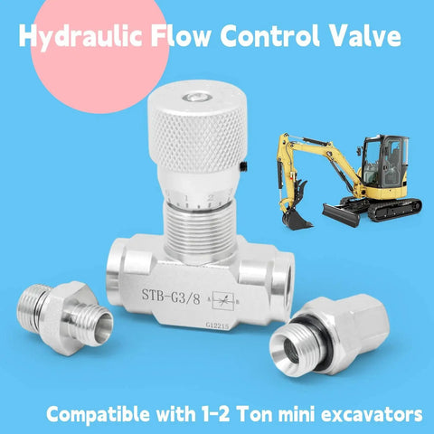Heavy Duty Three Eighths Inch L08 Hydraulic Flow Control Valve for One to Two Ton Mini Excavators with connectors, excavator image