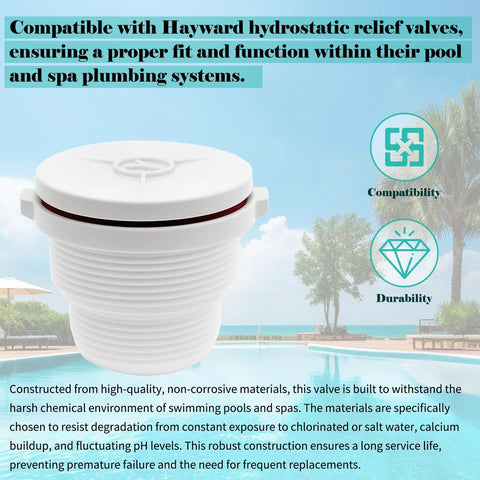 White plastic spring-loaded hydrostatic relief valve with red gasket for Hayward pool and spa plumbing