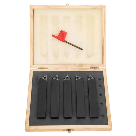 All In One Pro Grade Carbide Turning Tool Set Five Piece Indexable Cutter Kit With Three Quarter Inch Shanks And Tips in case