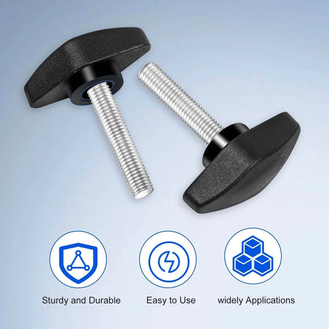 M6 20mm Thumb Screws With T Handle Wing Knobs For Woodworking Machines Black 4 Pack Plastic Grip Clamping Knobs For Quick Handy One Hand Tightening And A Snug Secure Fit In Shop, showing black knobs with metal threaded shafts on blue background