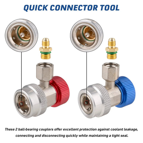 Two R134a refrigerant quick-connect adapters with red and blue knurled caps, brass fittings and hose connectors