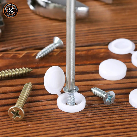 Plastic Hinged Screw Cover Caps 150 White Snap On Caps With Flip Tops For Screw Protection And Rust Resistance, shown on exposed screw.