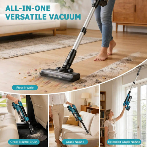 Powerful 700W Brushless Cordless Vacuum Cleaner with 60KPa suction used on various surfaces, includes floor and crack nozzles.