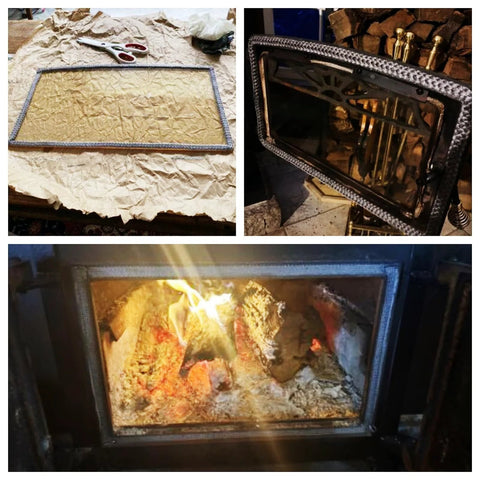 BSTFLEX rope seal gasket laid flat, graphite-impregnated fiberglass, 1-inch by 72-inch on parchment
Installed BSTFLEX rope seal gasket around wood stove door frame, graphite-impregnated fiberglass
Wood stove door edge with graphite-impregnated fiberglass rope seal in use