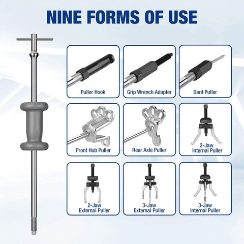 Image showing components of the 9 Way Slide Hammer Puller Set With 27 Piece Kit Heavy Duty Wheel Bearing Removal Tool For Front Hubs And Rear Axles.