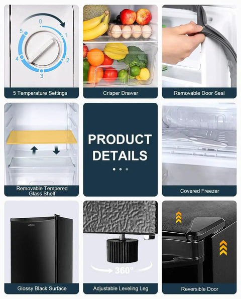 Collage showing features of 3.2 Cu Ft Single Door Mini Fridge With Freezer For Dorm Office Bedroom Black, including temperature settings, crisper drawer, and reversible door.