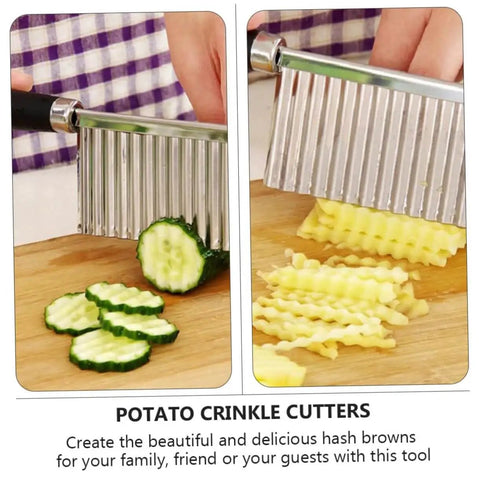 2 Pack Wavy Potato Cutter Set Showeroro With Ergonomic Handles slicing cucumbers and potatoes into crinkle shapes