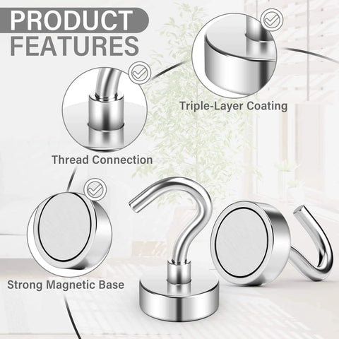 Diagram showcasing features of a magnetic hook with triple-layer coating, thread connection, and strong magnetic base for secure hanging.