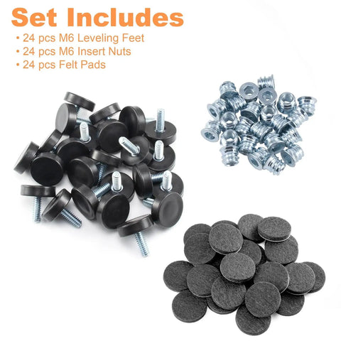 24 Pack M6 Thread Adjustable Furniture Levelers With Self Adhesive Felt Pads 1 Inch Leveling Feet And Floor Protectors Set
