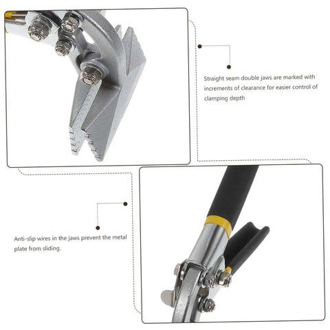Pro Grade Manual Metal Bender Tool showing seaming pliers and anti-slip duckbill jaws for sheet metal and flat bar.