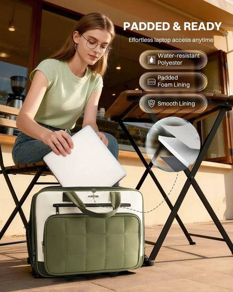Woman placing laptop into Rolling Puffer Laptop Bag for Women With Wheels, 16 Inch Wheeled Computer Case, Water Resistant Briefcase for Work Travel