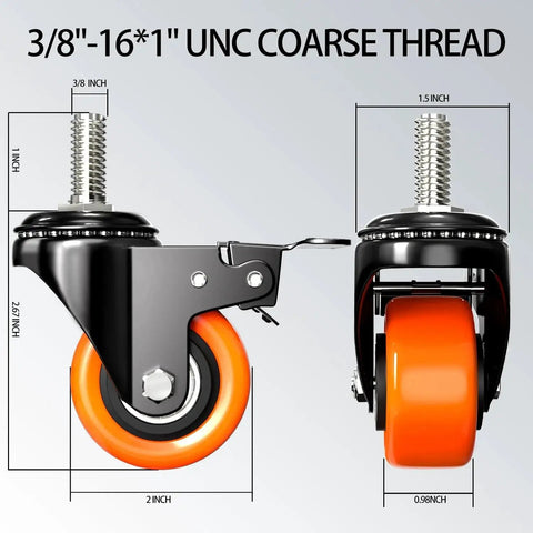 Heavy Duty 2 Inch Stem Caster Wheels Set Of 4 With Safety Locking Swivels 600 Lb Capacity Three Eighths By Sixteen UNC Threaded Stem