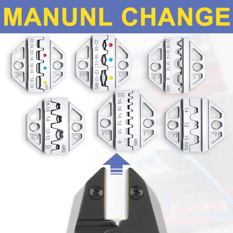 Six Piece Pro Grade Crimping Tool Set With Ratchet Action For Wire Terminals showing interchangeable chrome dies.