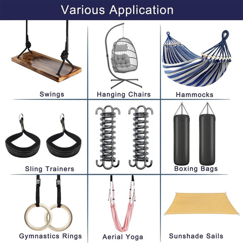 2-piece stainless steel porch swing springs; collage of lawn and patio gear including swings and hammocks.