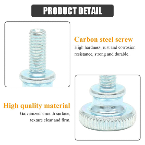 Close-up of zinc plated M5 knurled thumb screws showing flat head grip, rust-resistant carbon steel for DIY projects.