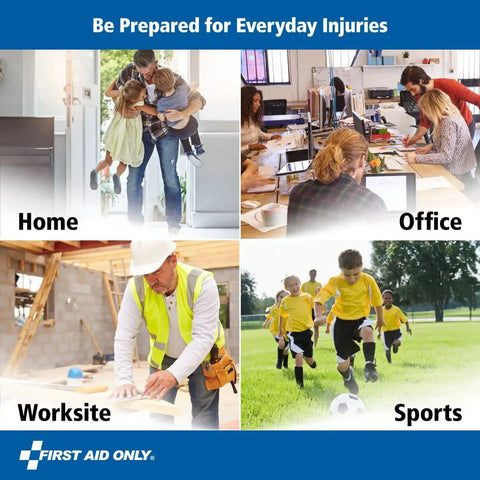 OSHA Compliant First Aid Kit For 50 People With 260 Pieces shown in home, office, worksite, and sports settings