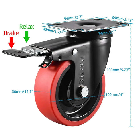 Close-up of Heavy Duty 4 Inch Swivel Casters Set Of 4 With Brakes, 2200 Lb Capacity, Silent TPR Rubber Wheels, steel housing