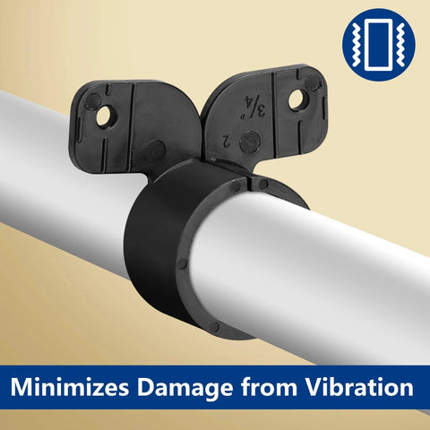 A black 3/4 inch butterfly-style suspension pipe clamp securing a white pipe, part of 52 Piece 3/4 Inch Suspension Pipe Clamps Butterfly Style For PEX Copper CPVC Pipes Black Heavy Duty PEX Tubing Clamps Pipe Support Kit For Home Improvement And Industrial Projects.