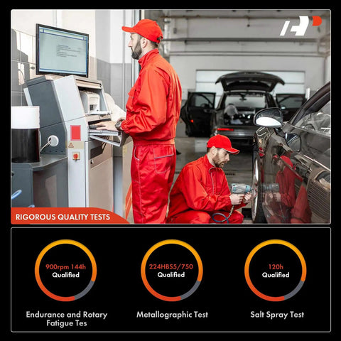 Technicians performing rigorous quality tests on vehicle parts in a garage setting, focusing on endurance and metallographic analysis.