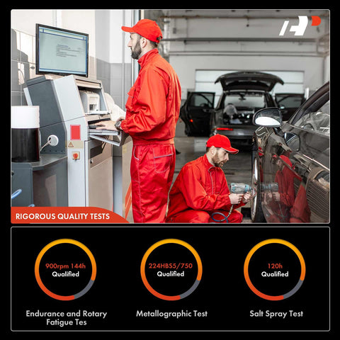 Two technicians in red suits conduct rigorous quality tests on vehicles inside a garage using advanced equipment.