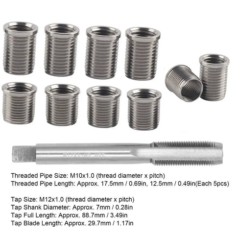 Universal Spark Plug Thread Repair Kit With M10x1.0 Inserts And M12x1.0 Tap In Stainless Steel For Automotive Engines