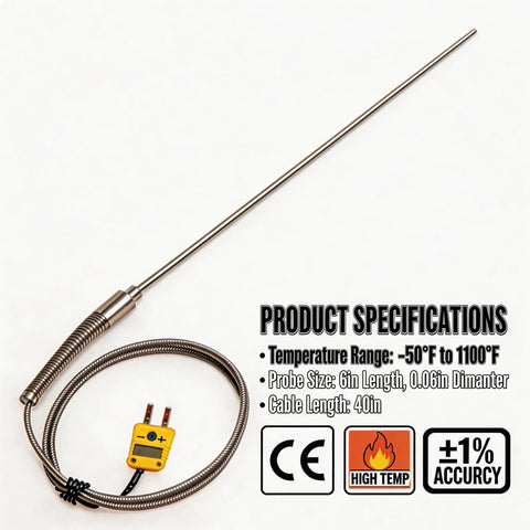 TL1915SL K Type thermocouple probe, 6in stainless shaft, 0.06in tip, 40in braided cable for kilns and ovens