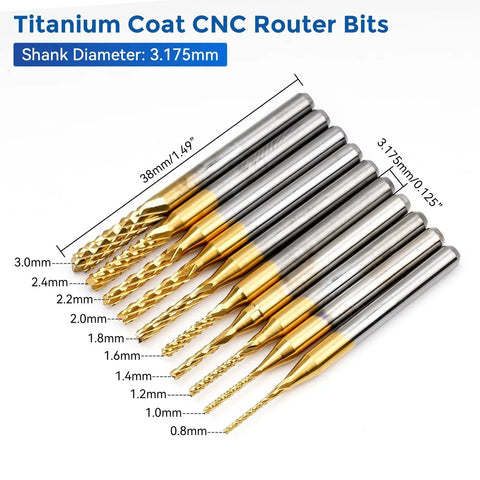 Set of titanium coat CNC router bits with varying sizes, showing shank diameter and length. Perfect for precise milling tasks.