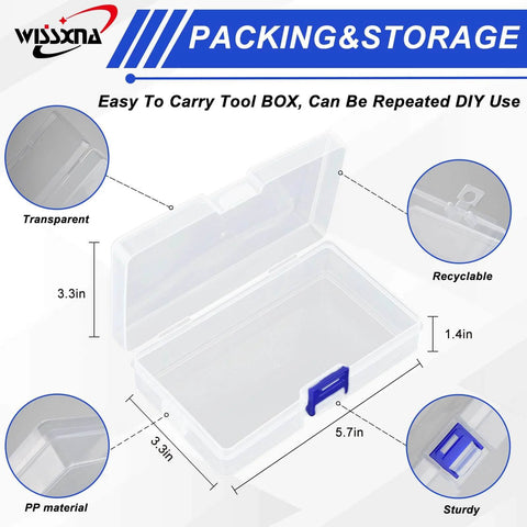 Transparent plastic storage box dimensions with blue latch and description of material and features.