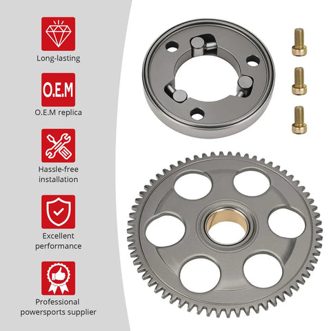 Kawasaki Starter Clutch One Way Bearing Idler Gear Kit For Ninja EX250F EX300 ZX6R ZX600 Eliminator EL250 VersysX KLE300 1986 2024 OEM Numbers 13193 1002 13216 0880 16085 1166 Replacement Part Swap Ready visible with components and bolts.