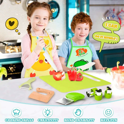 Children using Montessori Toddler Knife Set With Real Cooking Tools For Kids, 15 Piece Kitchen Play Kit Including Plastic Serrated Knives.