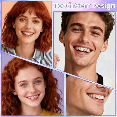 Smiling individuals showcasing Tooth Gem Kit for Teeth Beginners with Colorful Crystal Gems and Essential Tools in use on teeth.