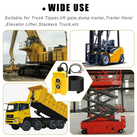 Yellow 4-wire dump trailer remote control switch with up/down pushbuttons and coiled cable for truck lift unloading