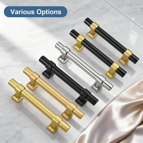 10 Pack 3 Inch Cabinet Pulls in Champagne Gold for kitchen cabinets and furniture, shown with various color options on marble surface.