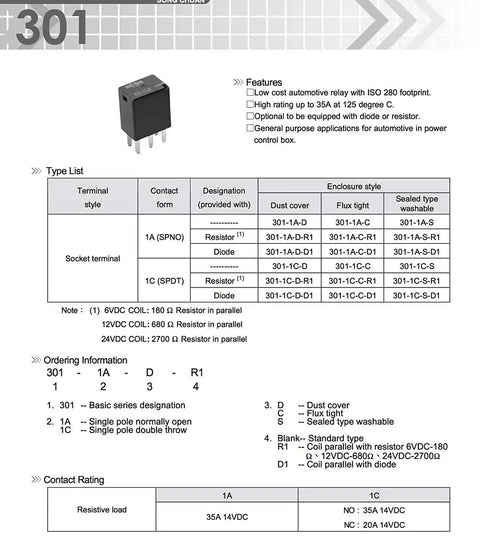 Ultra Micro ISO 12V Automotive Relay Pack Four Pack With Five Pin SPST Form A High Temp 125 C For Fans Doors Bikes Part 301-1C-C-R1-U01-12VDC