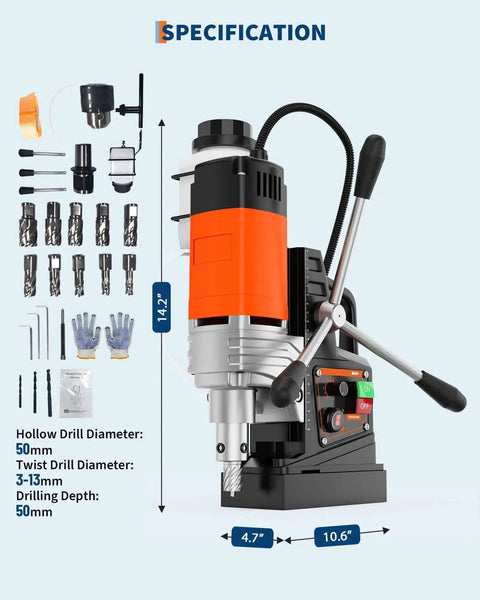 Beast Magnetic Drill Press With 1750W Copper Motor And 810 RPM, showing handle, motor, bits, and dimensions in diagram.