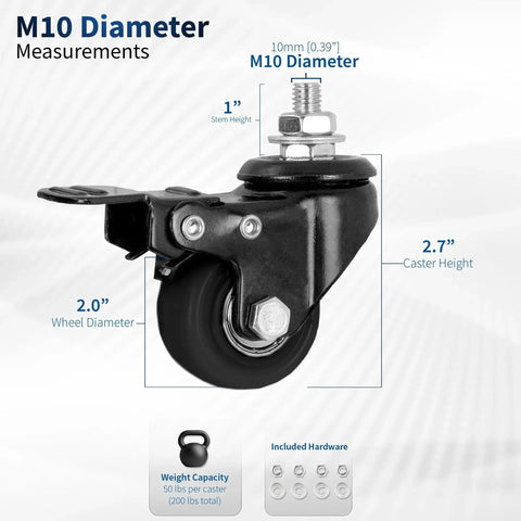 Heavy Duty 2 Inch M10 Threaded Locking Casters With Brakes 360 Degree Swivel Quiet Rolling shown with measurements and hardware
