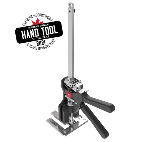 Original Handheld Jack and Clamp for One Hand Lifting Up to 330 Lbs, steel frame, shown from front view with award badge