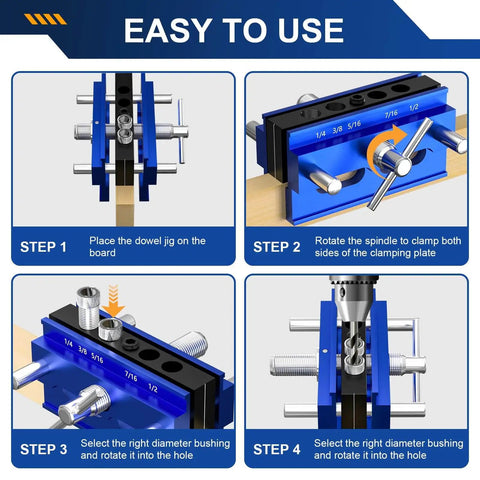 Step-by-step guide using Self Centering Dowel Jig Kit With Drill Guide And 6 Drill Bushings, Pro Grade Doweling Jig for precise joints.