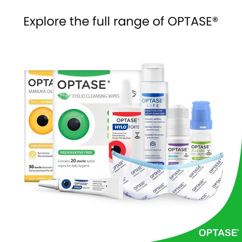 Optase product range including Tea Tree Oil Eyelid Cleansing Wipes Wrapped Preservative Free For Daily Use with packaging.