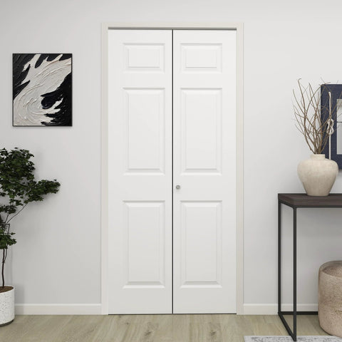 36 Inch By 80 Inch Bifold Barn Door With 6 Panels, White Primed Hollow Core Interior Door Ready To Paint installed in a room