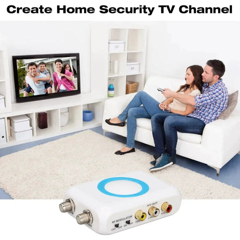 Couple watching TV using NTSC RF Modulator To RF Coaxial Converter Kit With AV Output for DIY CATV setup on sofa